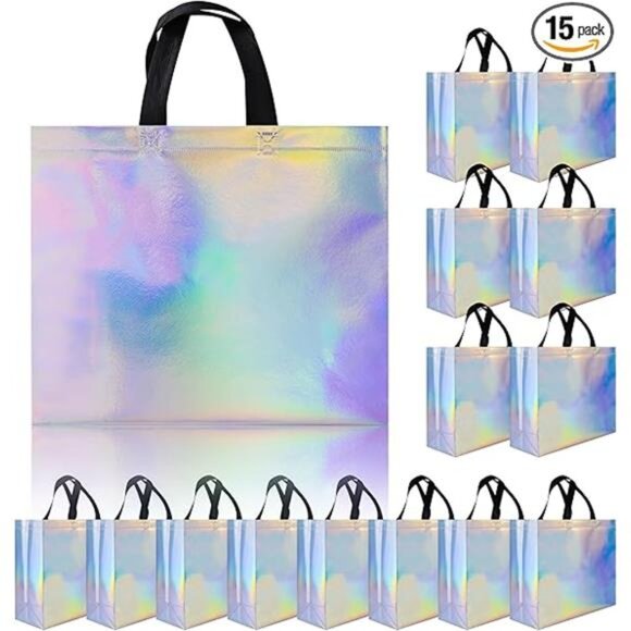 Glossy Iridescent Gift Bags 15 Pcs, 12.6x4.7x11 In Non-woven Reusable Goodie Bag - Picture 7 of 7